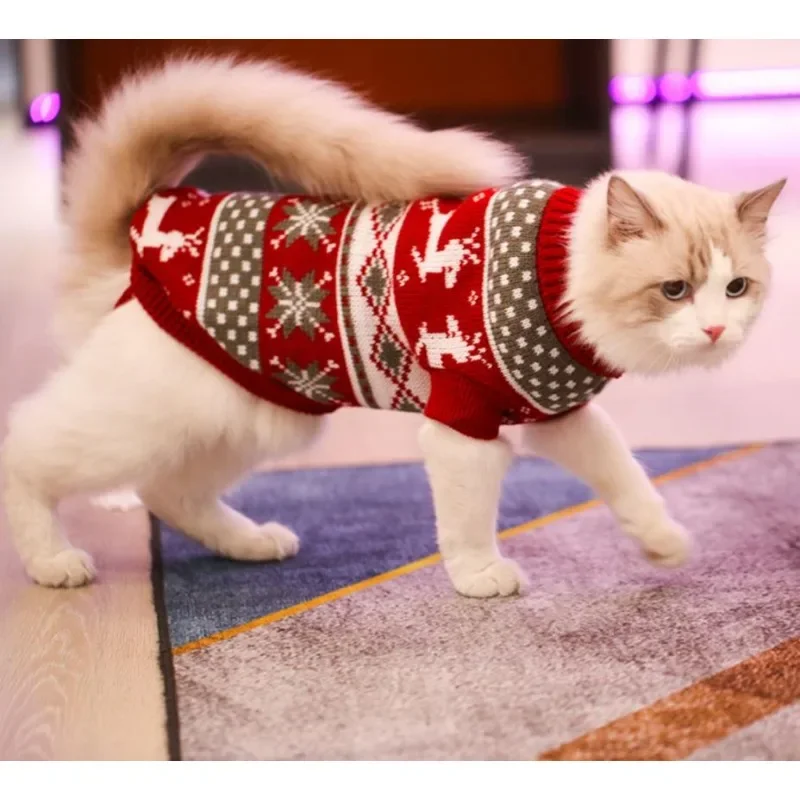 1pc Adorable Pet Reindeer Printed High-Necked Sweater, Warm Cat Knitted Clothing for Party Costume, Cute Cat Apparel