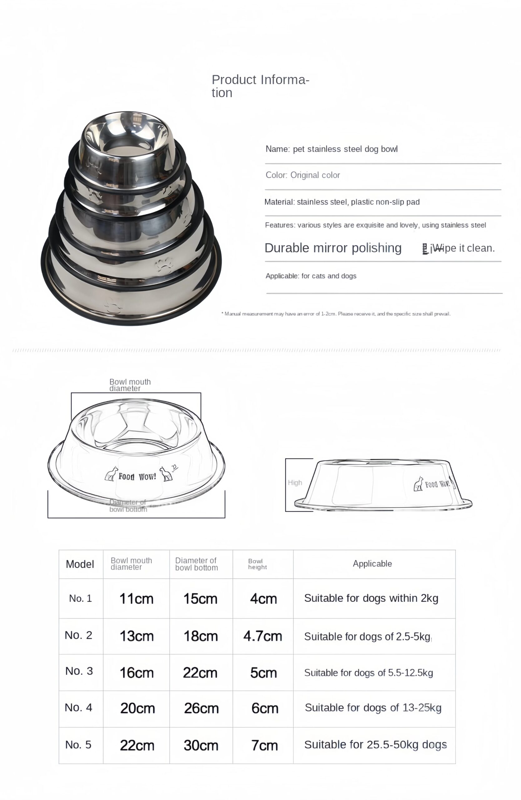 Cat Stainless Steel Bowl Pet Feeding Bowl Cat and Dog Drinking Bowl Metal Feeder Bowl Durable Easy To Clean 6 Sizes