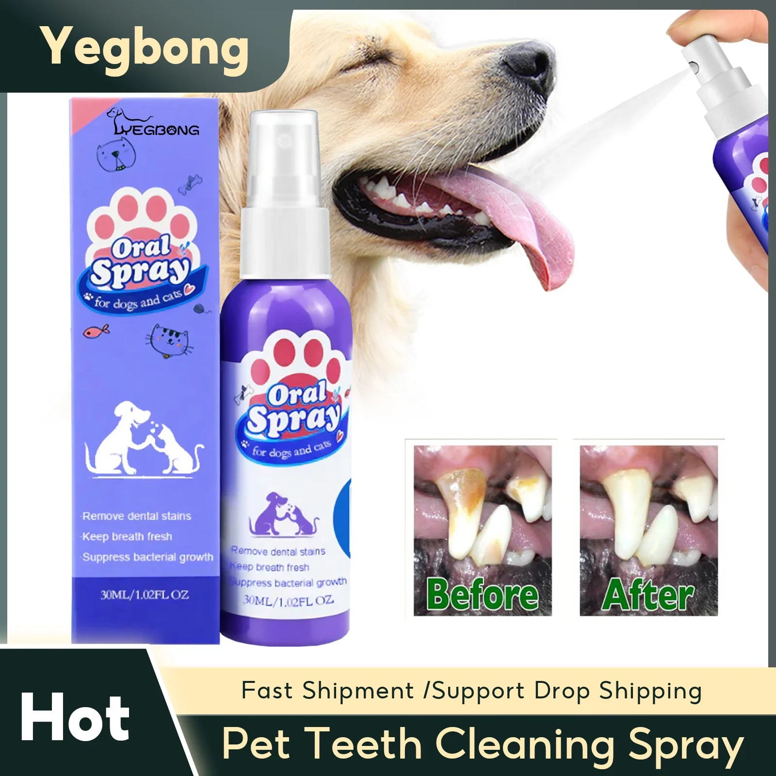 Pet Teeth Cleaning Spray Dog Cat Teeth Calculus Stain Remover Bad Breath Treatment Pet Oral Care Tool