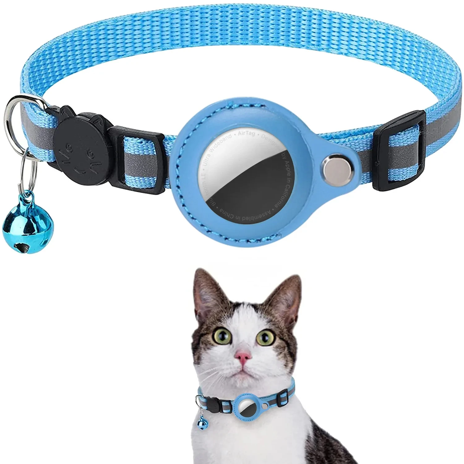 Cat AirTag Holder Collar Breakaway Reflective Strips Adjustable Kitten Collar Waterproof Cat Bell Collar Pet Air Tag Case