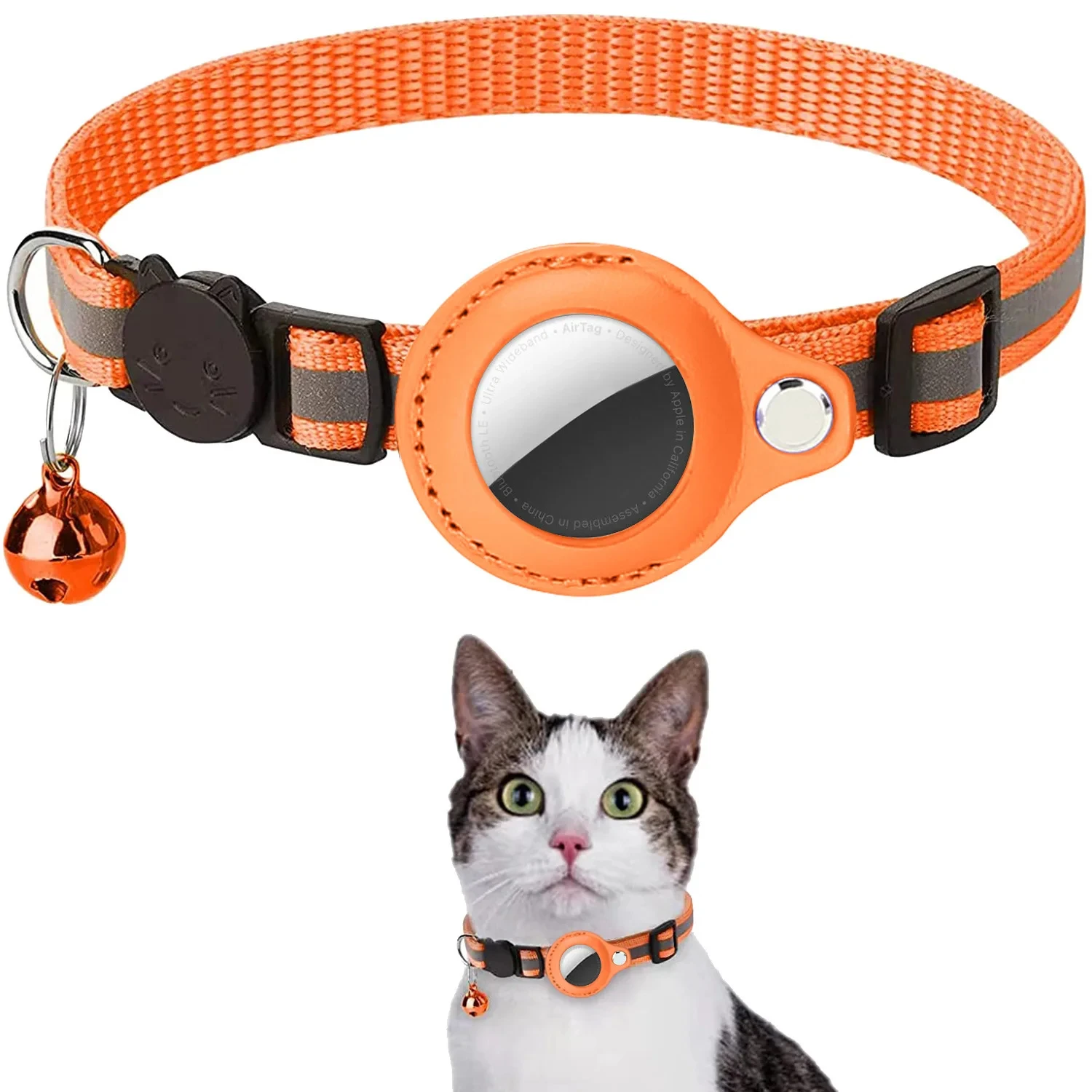 Cat AirTag Holder Collar Breakaway Reflective Strips Adjustable Kitten Collar Waterproof Cat Bell Collar Pet Air Tag Case